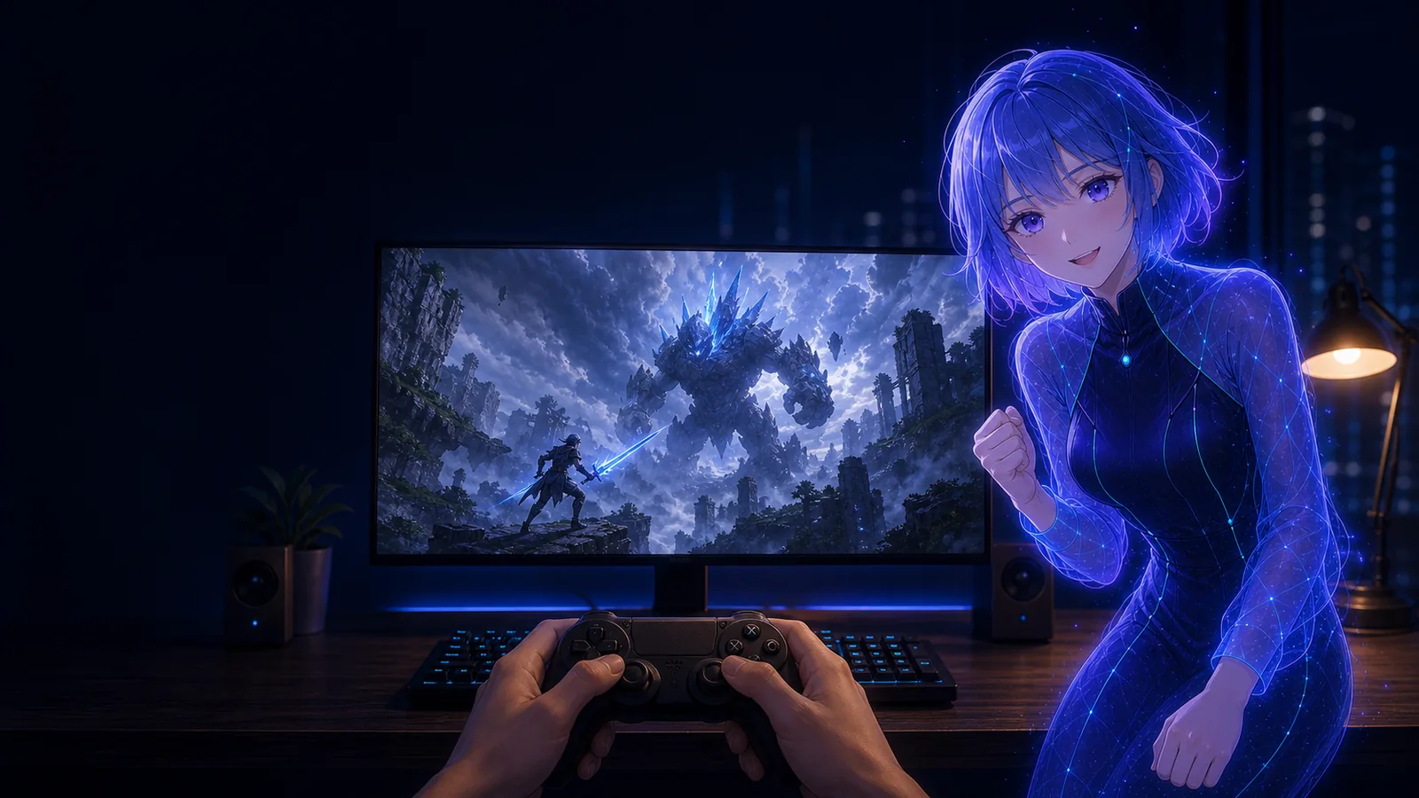 ゲーム画面の前でAIキャストと一緒に過ごすイメージ